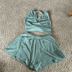 Women’s Medium Soft Green Pajama Set, Shorts & Crop Top Tie Back